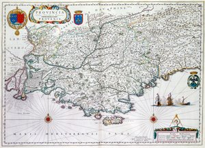 Provincian tai Provencen kartta, joka on nykyään osa Etelä-Ranskaa, 1638 (käsinvärinen kaiverrus)